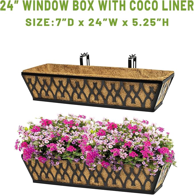 2 Pack 24 Inch Window Boxes Planters Railing Planter Box with Adjustable Brackets for Porch Fence Patio Balcony Hanging Flower Baskets with Coco Liners for Outdoor Garden Décor - Black