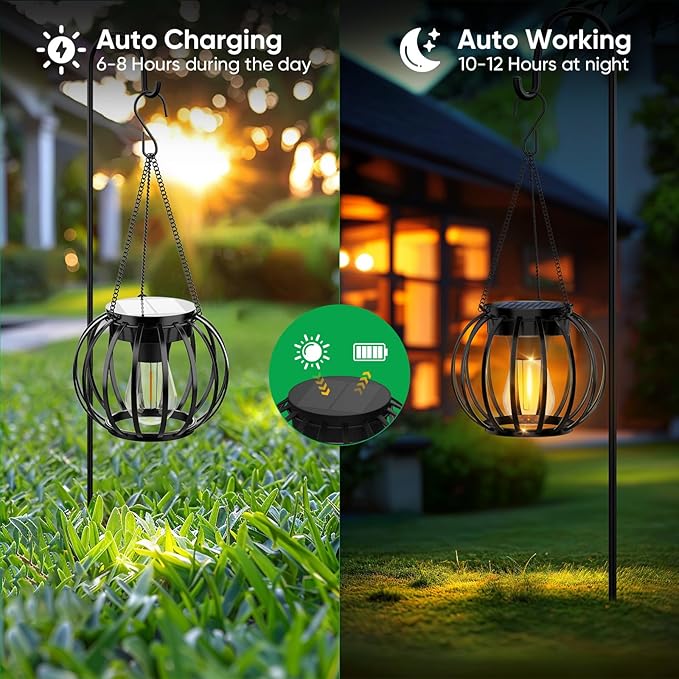 Solar Lanterns Outdoor Waterproof: 2 Pack Solar- Powered Metal Hanging Lights for Patio Garden Porch Yard - Weatherproof Auto On/Off Bright LED Decorations - Gardening Gifts for Women Mom