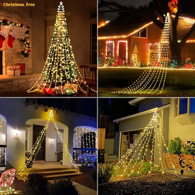420 LED Outdoor Christmas Decorations Star String Lights Waterproof Christmas Tree Topper, 8 Lighting Modes Waterfall Lights for Tree Patio Garden Yard Party (Warm White)