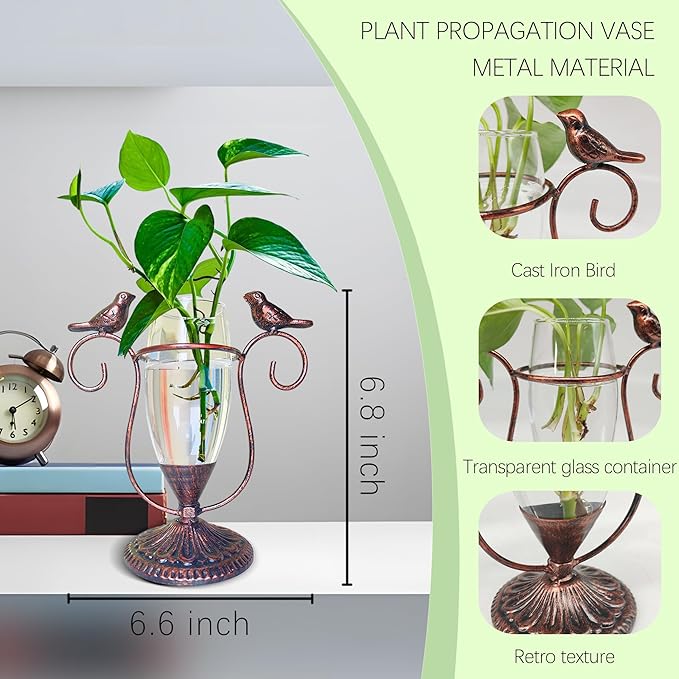 POXOH Vintage Glass Planter - Metal & Glass Propagation Vase with Dual Birds Art, Retro Indoor Planter for Hydroponic Plants, Office Desk Decor, Living Room Centerpiece