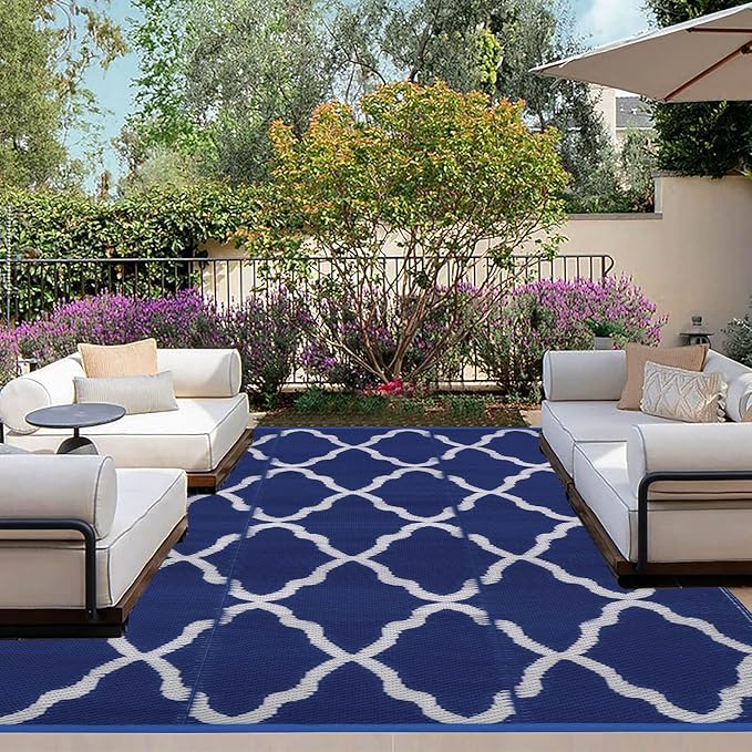OutdoorLines Outdoor Plastic Area Rugs for Patio 5x8 ft - Reversible Outside Carpet, Stain & UV Resistant RV Mats, Straw Rug for Camping, Deck Garden, Porch and Balcony, Moroccan Navy & Light Grey