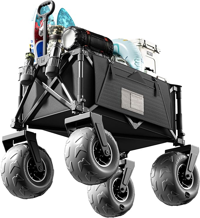 DXZ Beach Wagon Cart with Big Wheels for Sand – Folding Collapsible Wagon, Heavy Duty Wagons Carts Foldable for Beach, Camping, Outdoor Gear, Easy Setup Black Grey