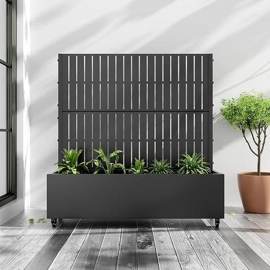 Casaphoria Metal Raised Garden Bed with Trellis and Wheels, 47"x47"x16" Planter Box for Climbing Plants, Vegetables & Vines, Features Drainage Holes and Privacy Screen (Black-Fence)