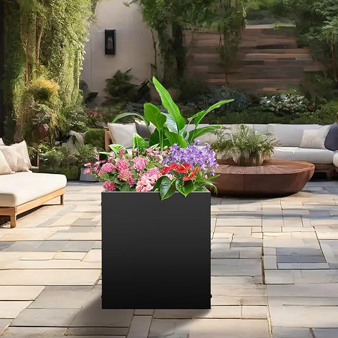 Metal Rectangular Planter Box, Small Planter Boxes Outdoor, 18''L x 18''W x 20''H Heavy Duty Plant Box with Removable Insert Shelf, 3 Tier Adjustable Height Tall Garden Planter for Plants, Flowers