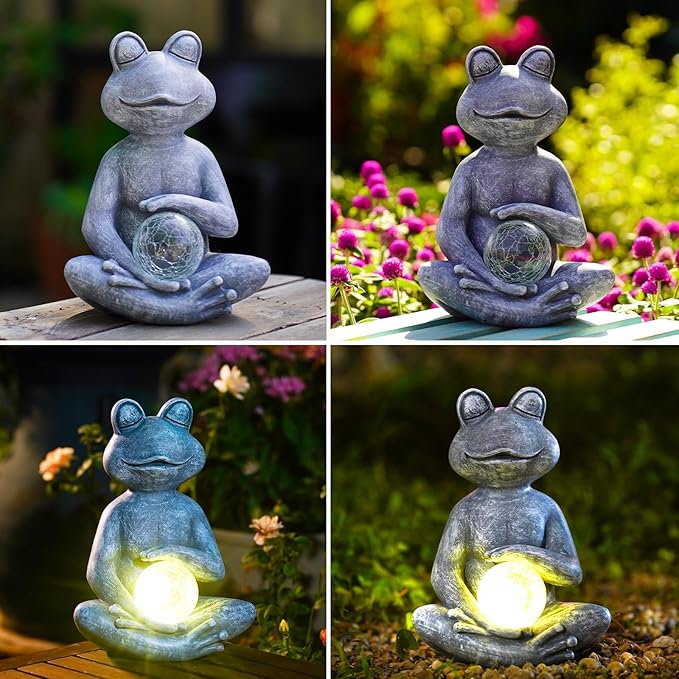 Meditating Yoga Frog Statue with Solar LED Light Ball - 10L x 11.1H Zen Garden Frog Figurines for Home and Garden Decor, Frog Decorations Gift Ideas, Frog Gifts for Women Mom