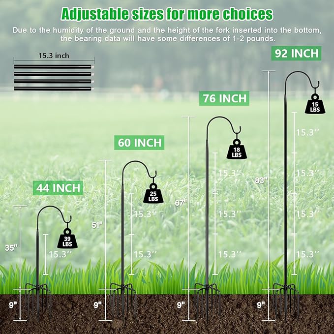 FEED GARDEN Shepards Hooks for Outdoor Bird Feeder Pole 92 Inch Adjustable Tall Heavy Duty Shepherds Hooks for Hanging Plant Baskets, Solar Lights, Wedding Decor, Lanterns, Black (2 Pack)