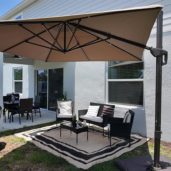 PURPLE LEAF 9' X 11.5' Rectangle Cantilever Umbrella Patio Umbrella Outdoor Aluminum Offset Hanging Umbrella with 360-degree Rotation for Pool Garden Backyard Deck, Taupe