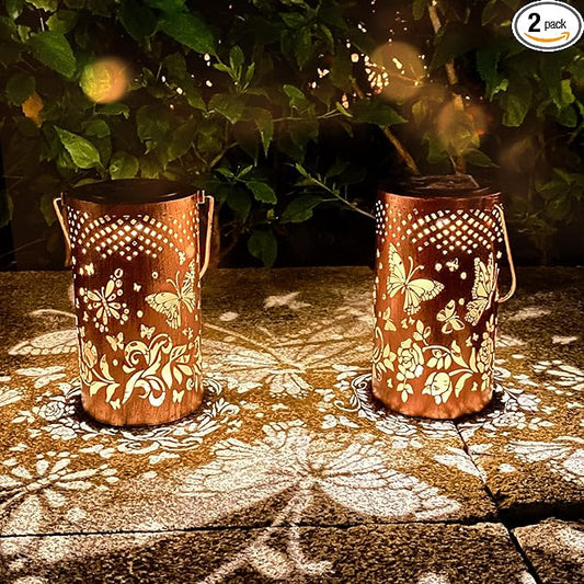 2 Pack Butterfly Solar Lanterns Outdoor Hanging Lantern Lights, Butterfly Hollowed-Out Metal Decor Lantern, Waterproof LED Decorative Garden Light - Delicate Garden Decoration