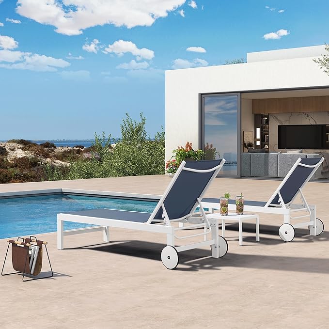 PURPLE LEAF Outdoor Chaise Lounge Set of 4 White Aluminum Lounge Chair Outdoor with Wheels Five-Position Adjustable Patio Lounge Chair for Pool Deck Yard, Indigo