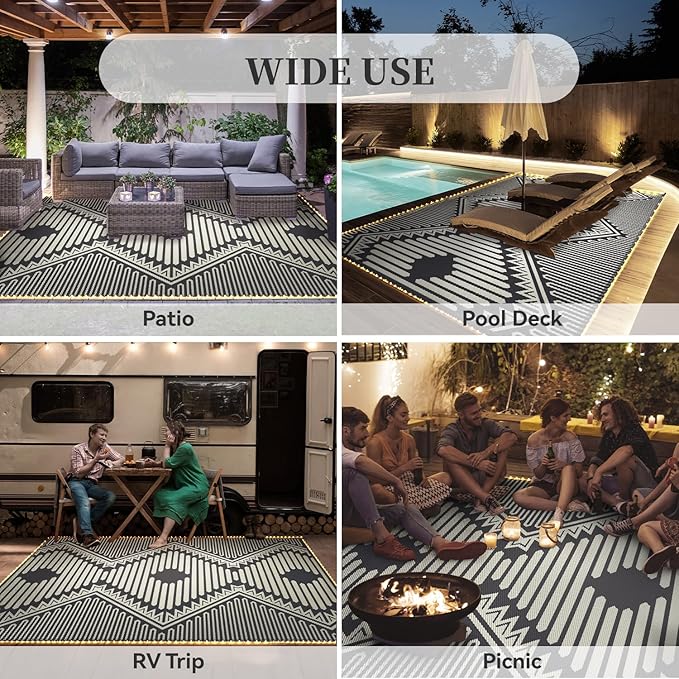 MontVoo Outdoor Rug with Led String Strip Lights 6x9 ft Waterproof Outdoor Patio Rug Mat Reversible Plastic Straw Rug Outside Outdoor Rug for RV Camping Picnic Balcony Fairy Boho Outdoor Decor