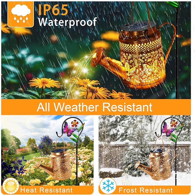 Solar Powered Butterfly Watering Can Lights Waterproof Outdoor Garden Decor with Shepherd Hook Hanging Patio Lights for Yard, Porch, Backyard Perfect Gardening & Birthday Gift for Women, Mom, Grandma