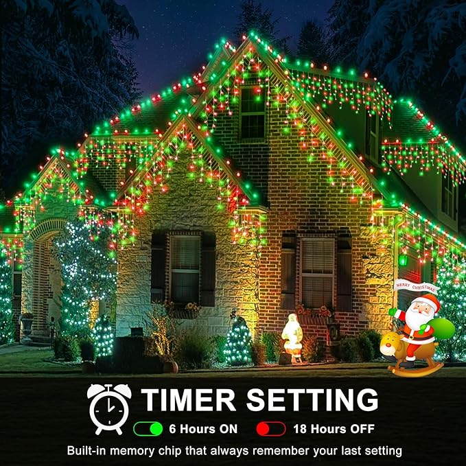 Icicle Lights for Outside, 33FT 400 LED Christmas Lights Outdoor with Waterproof 8 Modes, Plug in Connectable String Twinkle Light for Indoor Roof Window Garden Fence Party Decorations, Red Green