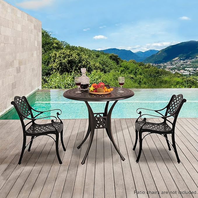 COBANA Patio Bistro Table, 31’’ Round Cast Aluminum Outdoor Dining Retro Side Table with 2’’ Umbrella Hole, Bronze