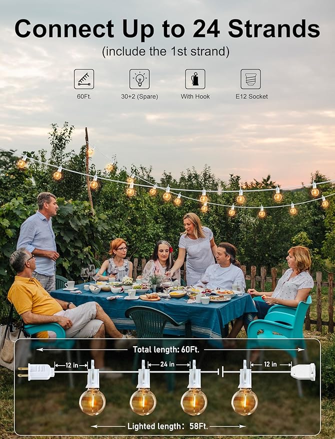 Brightown 60 Feet LED Outdoor String Lights with Shatterproof G40 Edison Bulbs, Connectable and Weatherproof Strand, Commercial Grade Patio Lights for Backyard Garden Patio Decorative, White