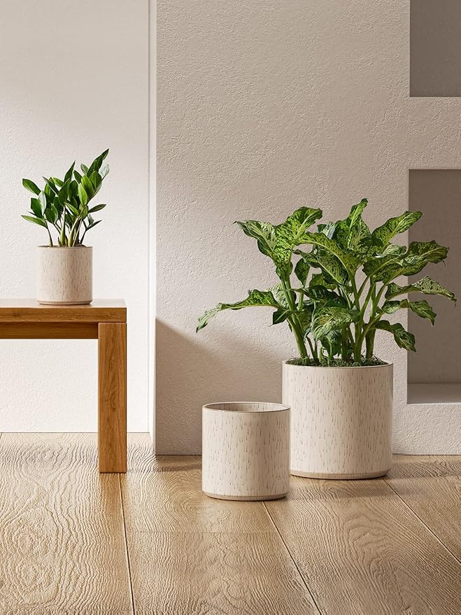 LE TAUCI Ceramic Plant Pots, 10 + 8 + 6 Inch, Planters for Indoor Plants, Mid-Century Modern Flower Pots with Drainage Hole, Cylinder Round Pots for Plants, Set of 3, Glaze Beige