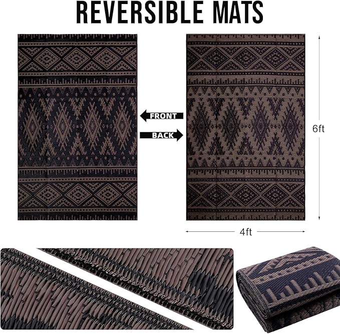 OLANLY Outdoor Rug Waterproof 4x6 ft, Reversible Outdoor Plastic Straw Rug, Boho Patio Rug, Indoor Outdoor Carpet, RV Mat Outside for Patio, Camp, Picnic, Balcony, Deck, Backyard, Black & Brown