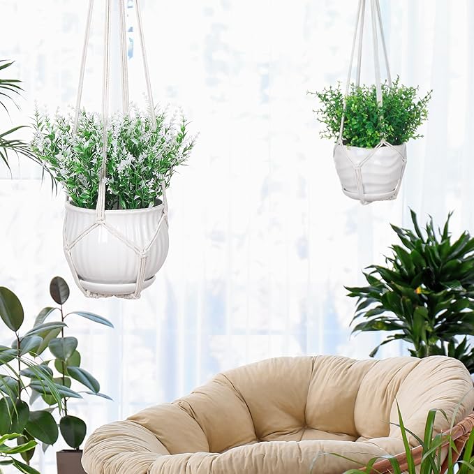 YIBOT 2 Pack 35" Macrame Plant Hanger Indoor Hanging Planter for Plants Holder with 2 Hooks,No Tassels for Indoor Outdoor Boho Home Decor, Ivory (POTS NOT Included)