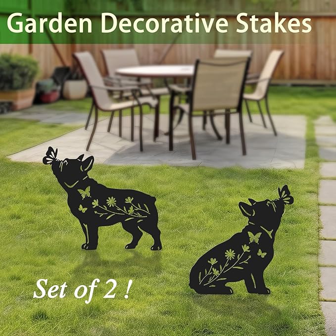 Pack 2 Dog Metal Garden Decor for Outside,French Bulldog Gifts for Women,Dog Silhouette Stakes,Garden Statues for Yard,Lawn,Pathway
