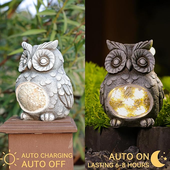 Solar Owl Garden Statues Outdoor Decor Resin Owl Figurine with Solar Light for Patio,Balcony,Yard,Lawn Ornament,Perfect Garden Gift