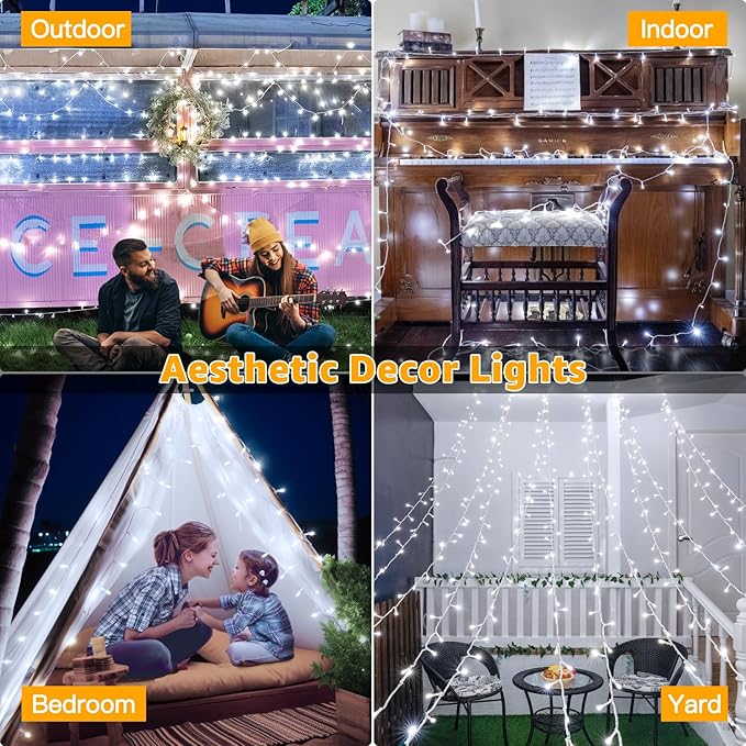 Ollny 120LED 40FT String Lights, Waterproof Connectable Fairy Lights with Timer 8 Modes, Cool White Plug in Christmas Light for Indoor Outdoor Patio Party Bedroom Classroom Decor