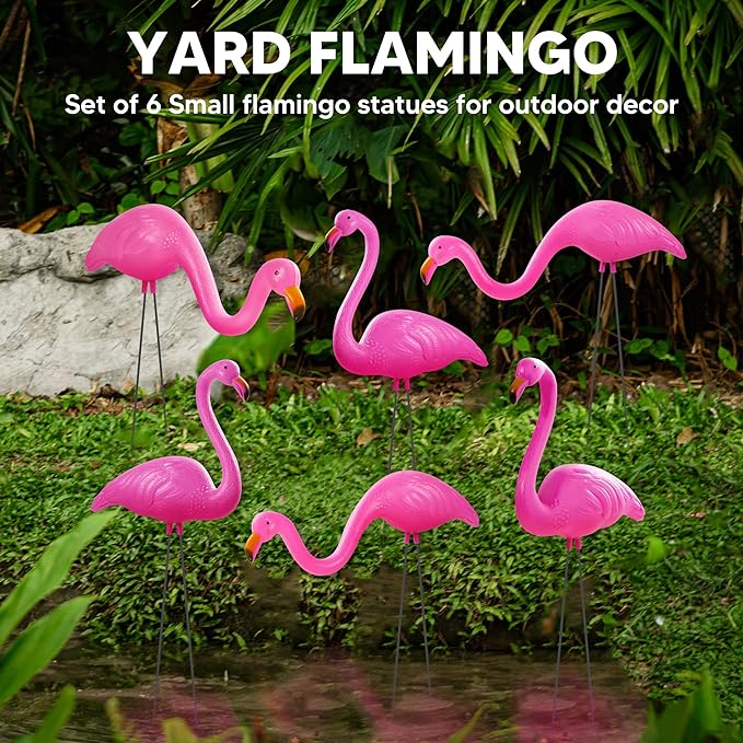 JOYIN Set of 2 Small Pink Flamingo Yard Ornament Stakes Mini Lawn Plastic Flamingo Statue with Metal Legs for Sidewalks, Outdoor Garden Decoration, Luau Party, Beach, Tropical Party Decor, 2 Styles