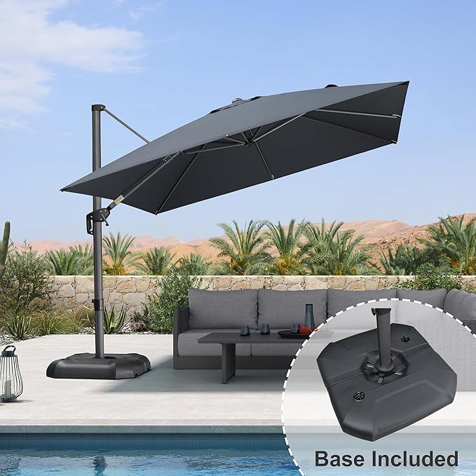 PURPLE LEAF Patio Umbrella with Base 10 Feet Outdoor Cantilever Square Umbrella Aluminum Offset Umbrella with 360-degree Rotation for Garden Deck Pool Patio, Grey