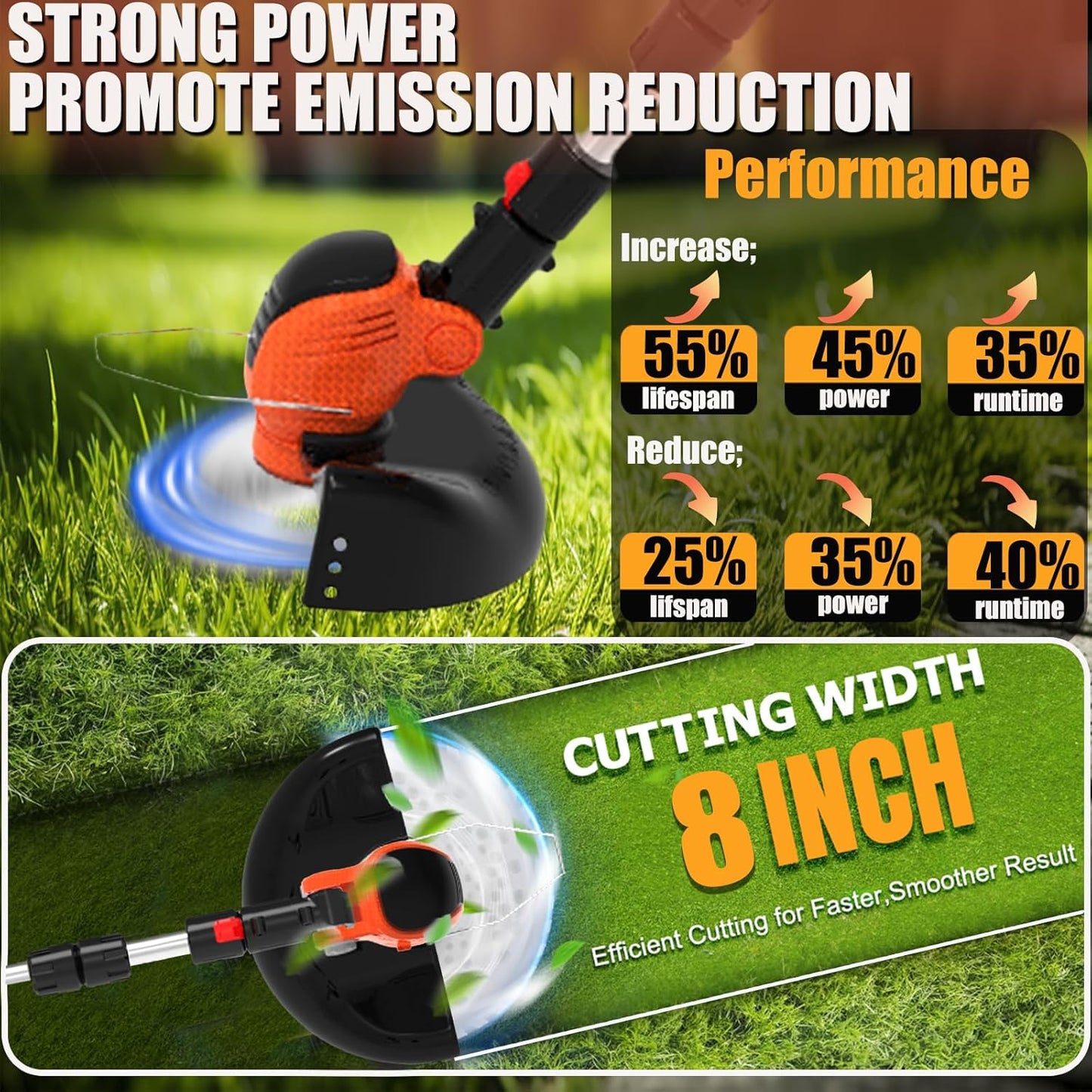 Electric Weed Wacker Cordless Eater Battery Powered 21V Lightweight No-String Weed Trimmer 3 in 1 Stringless Grass Trimmer/Edger/Brush Cutter with 3 Types Blade & Wheels for Yard and Garden-Orange