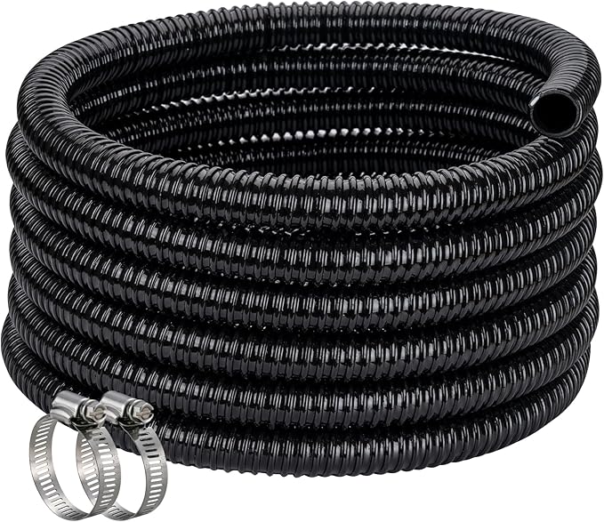 Pond Hose ID 3/4” × 50ft Black Corrugated Flexible Reinforced PVC Hose Vinyl Tubing for Pond Pump Fountain Garden Waterfall, Non-toxic & Kinkproof, with 2 clamps