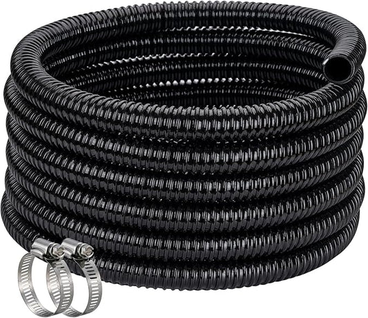 Pond Hose ID 3/4” × 50ft Black Corrugated Flexible Reinforced PVC Hose Vinyl Tubing for Pond Pump Fountain Garden Waterfall, Non-toxic & Kinkproof, with 2 clamps