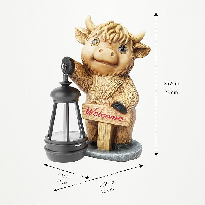 Highland Cow Statues with Solar Lights, Highland Cow Resin Figurine Lights, Highland Cow Ornaments for Patio, Balcony, Indoor Decoration and as Gifts