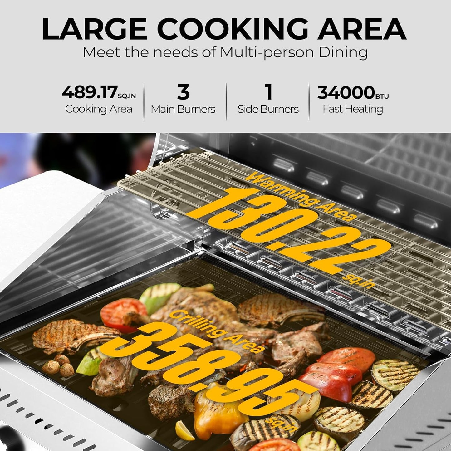 3-Burner Propane Gas Grill with Side Burner – 34,000 BTU Stainless Steel Outdoor BBQ Grill, Cast Iron Grates, Portable with Wheels for Patio, Camping