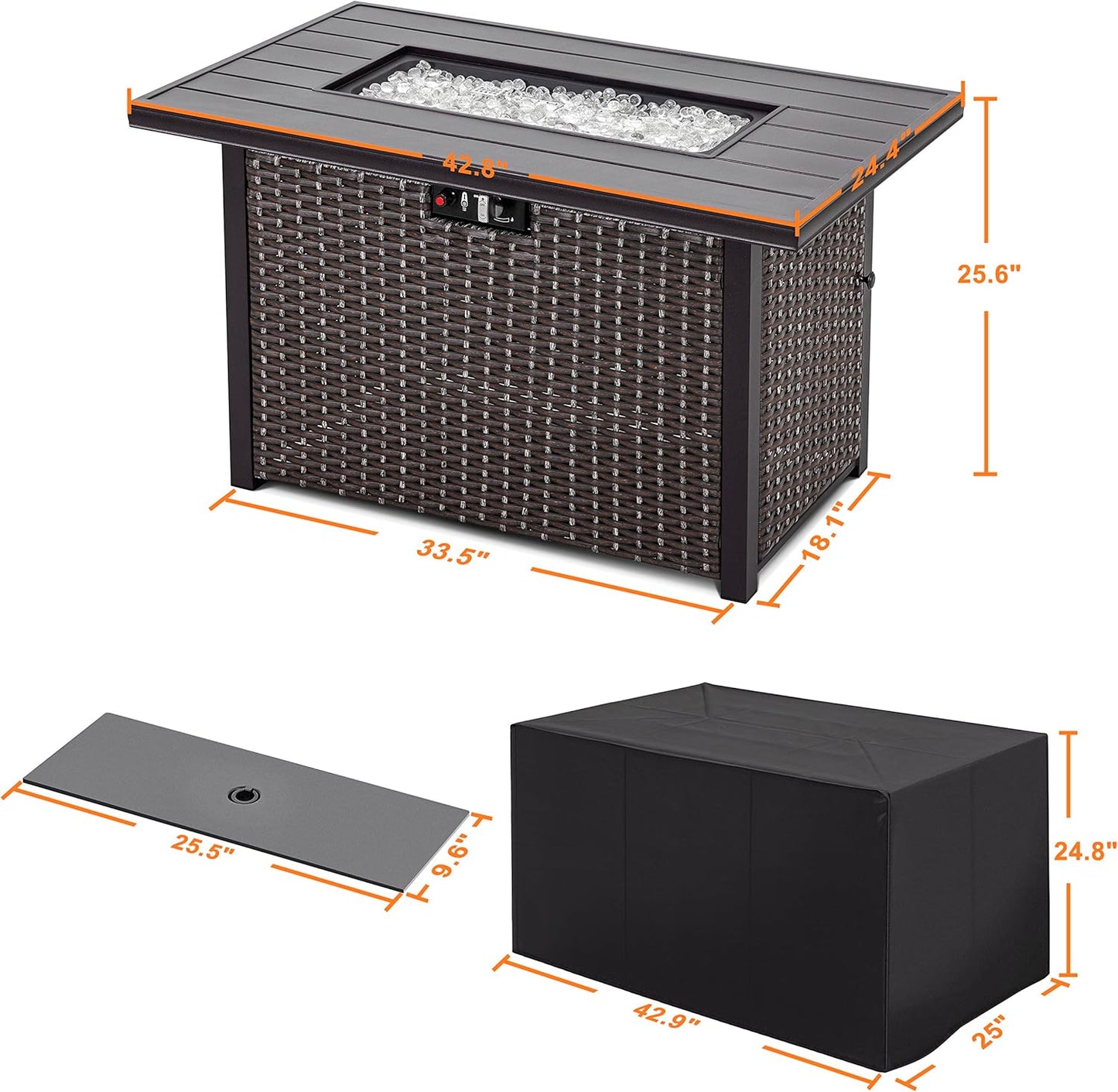 Nuu Garden 43 Inch Propane Fire Pit Table, CSA Certified 50,000 BTU Outdoor Patio Propane Fire Pit Table with 7 lbs Glass Stone and Removable Lid, Aluminum Tabletop, Water-Proof Oxford Cover, Brown