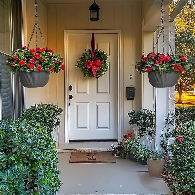 T4U 12 Inch Large Hanging Planters for Outdoor Plants, 2 Pack Self Watering Hanging Pots Indoor, Hanging Baskets for Plants,Hanging Flower Pot with Drainage Hole and Plant Hanger, Grey