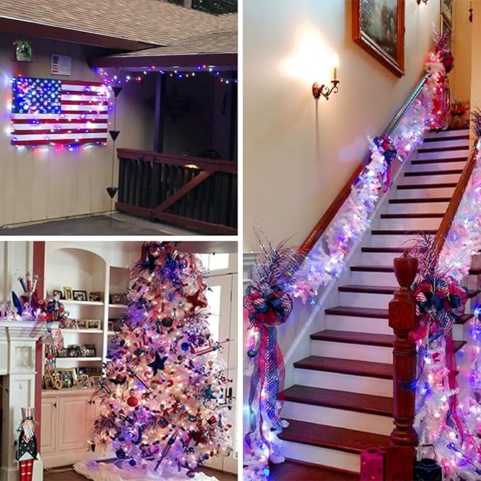 Red White and Blue Solar String Lights Outdoor, 2 Pack 80FT 200 LED Solar Outdoor Twinkle Light for 4th of July Independence Day Decor, Waterproof with 8 Modes, Garden Yard, Patriotic Memorial Decor