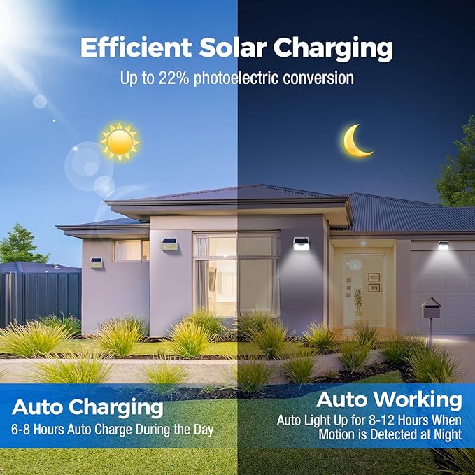 Peasur Solar Powered Lights Outdoor Motion Sensor, 2 Pack 140 LED Fence Light Waterproof, White Frame Security Wall Lighting for Outside Deck Yard Patio House Step