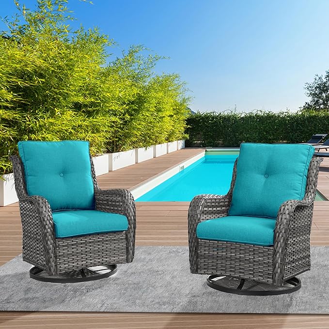 Outdoor Swivel Rcoker Wicker Chairs - Swivel Patio Chairs Set of 2 Patio Furniture Sets with Covered Cushion for Porch Deck Balcony Backyard, Turquoise Cushion
