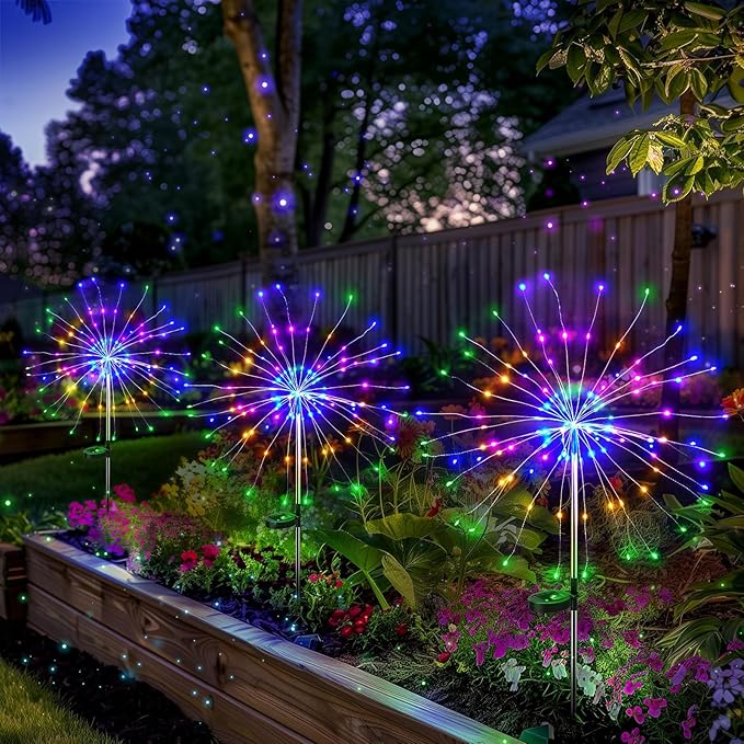 2 Pack Solar Firework Lights 150 LED Create Magical Nights, Waterproof Starburst Fairy Lights for Garden Yard Patio Christmas Romantic Wedding Party Decor(Color)