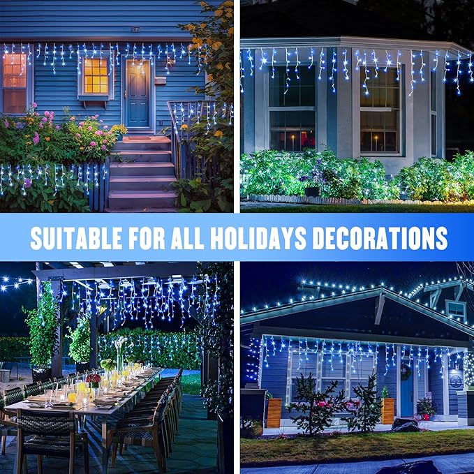 JMEXSUSS Blue&White Icicle Lights Indoor Outdoor, 38.8FT 400 LED Icicle Christmas Lights for Outside, Icicle String Lights with Remote for House Bedroom Fireplace Birthday Party Christmas Decorations