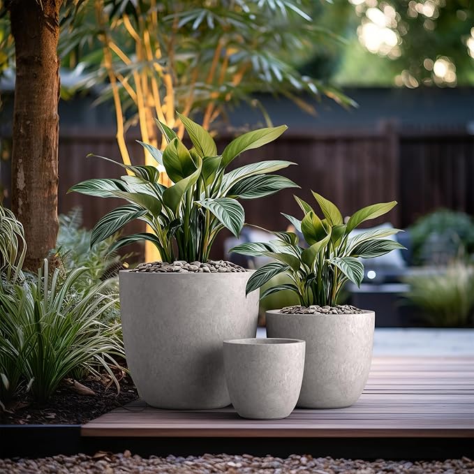 Kante 18",14",10" Dia Concrete Round Planters (Set of 3), Outdoor Indoor Large Planter Pots with Drainage Hole and Rubber Plug for Home Patio Garden, Light Gray
