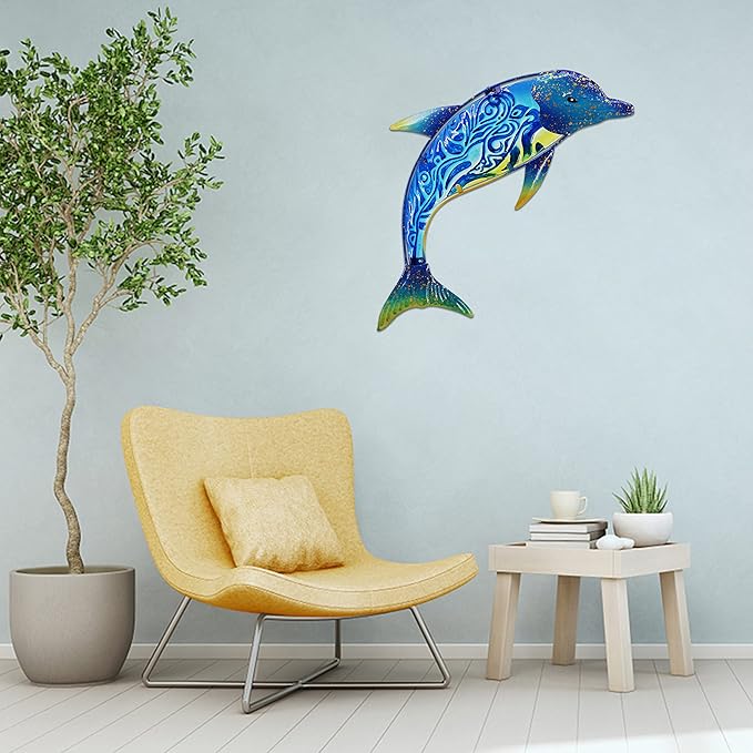 John's Studio Dolphin Wall Decor Outdoor Metal FIsh Sea Hanging Art Glass Sculptures Home Ocean Theme Decorations for Living Room, Bedroom, Yard, Fence and Patio - 17.5 Inches