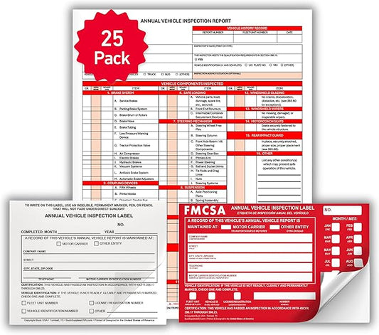 25 Pack 3-Ply Carbonless Annual Vehicle Inspection Report Forms with FMCSA Red Aluminum Labels & White Mylar Laminate Vinyl Labels, DOT Inspection Forms and Stickers, Shrink-Wrapped, 8.5" x 11.75"