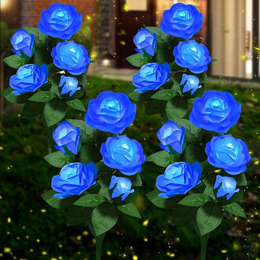 Solar Flower Lights Outdoor - Upgraded New Material Two Modes Realistic LED Solar Powered Waterproof Lights with 20 Roses, Solar Decorative Stake Lights for Garden (Blue, 4 Pack)