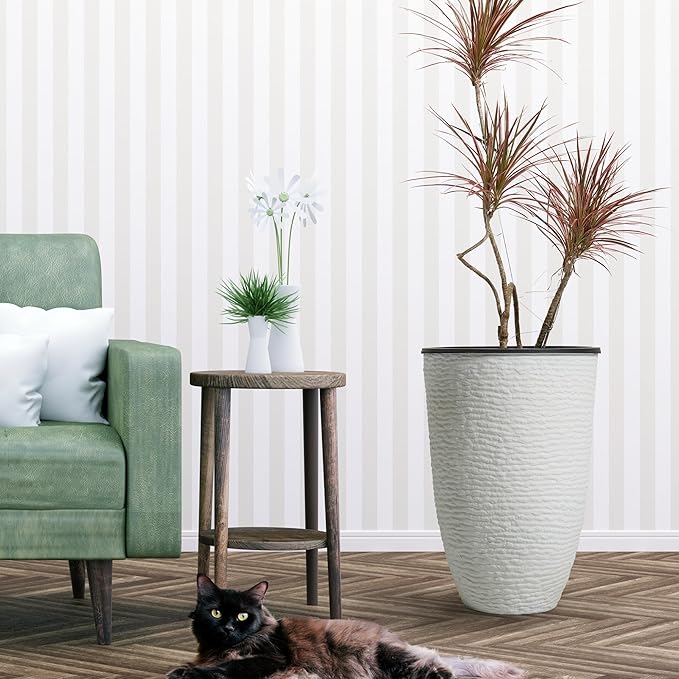 WORTH Garden 2-Pack 21" H. White Tall Planters with Inside Pots - 14'' Dia Plastic Large Round Plant Tree Pots - Decorative Imitation Stone Finish for Indoor Outdoor Front Porch Container Patio