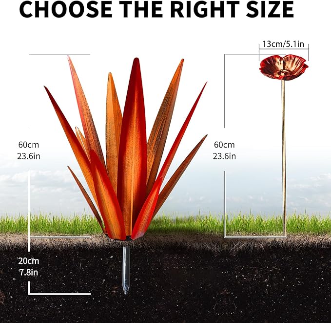 Large Tequila Rustic Sculpture, Rustic Metal Agave Plants for Outdoor Patio Yard, Home Decor Hand Painted Metal Agave Garden Yard Statue, Outdoor Lawn Ornaments (Red - L (W/Bird Feeder))