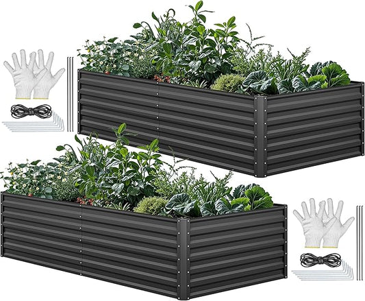 YITAHOME 96x48x24 in 2pcs Galvanized Raised Garden Bed Kit, Large Metal Planter Box with Gloves, Safety Rubber & Support Rod, Outdoor Flower Bed for Plants Vegetables, Black