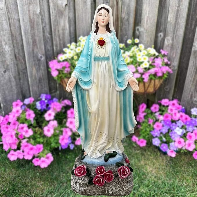 Solar Outdoor Garden Lights Religious Series-Virgin Mary Statue,Blessed Virgin Mary Mother Figure with Solar Flower Ligths,Home/Garden Decor, Religious Gift to Women/Mom(11.81" H)