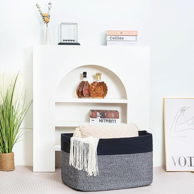 MINTWOOD Design 22in Extra Large Blanket Basket Holder for Living Room, Rectangle Rope Woven Storage Bin with Handles for Laundry, Pool Towels, and Shoes, Dog Toy Box Organizer, Navy Blue