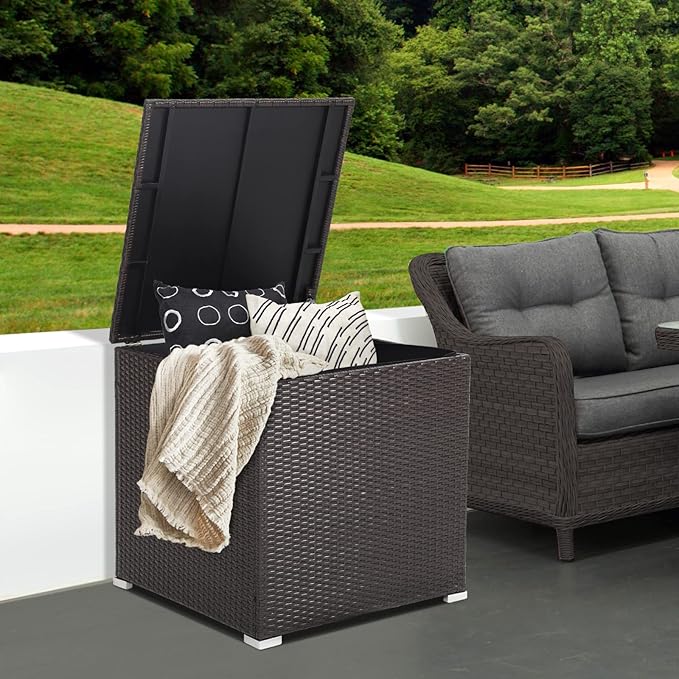 RELAX4LIFE Outdoor Storage Box 72-Gallon - Outside Wicker Storage Bin with Waterproof Zippered Liner, Gas Strut, Package Delivery Boxes for Outside, Accessories, Garden Tools Storage Deck Box