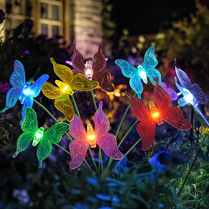Solar Garden Lights, 2 Pack with 8 Butterfly Swaying Solar Lights Outdoor Decorations, Multi-Color Changing LED Solar Light Stakes, Solar Yard Lights for Garden Patio Lawn Yard Pathway Decor
