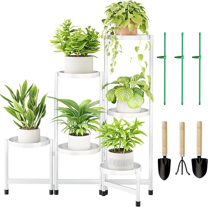 6 Tier Metal Plant Stand Indoor, Rotatable Corner Plant Shelf Outdoor, Tiered Flower Pot Display Stand, Black Multiple Plants Holder for Patio Living Room Balcony Garden Home Decor - White
